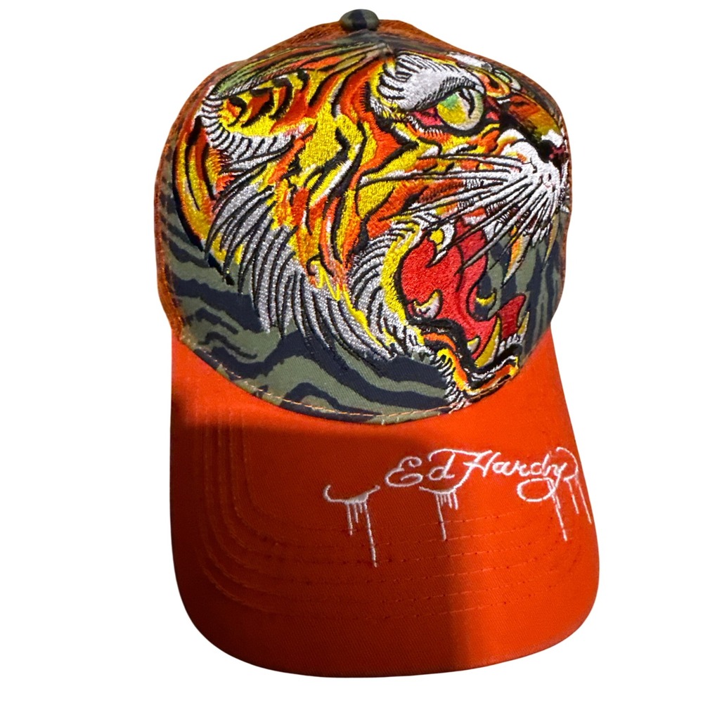 Ed Hardy Orange Tiger Camo Trucker Hat Embroidered Snapback Cap